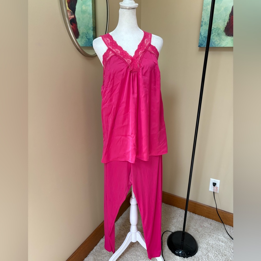 Vanity Fair Vintage 💕 Hot Pink Pajamas Set Lace Camisole Nylon Pants X Large